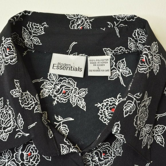 VTG Modern Essentials Sz L Womens BLACK White FLORAL 3/4 Sleeve Button Up BLOUSE - Picture 4 of 9